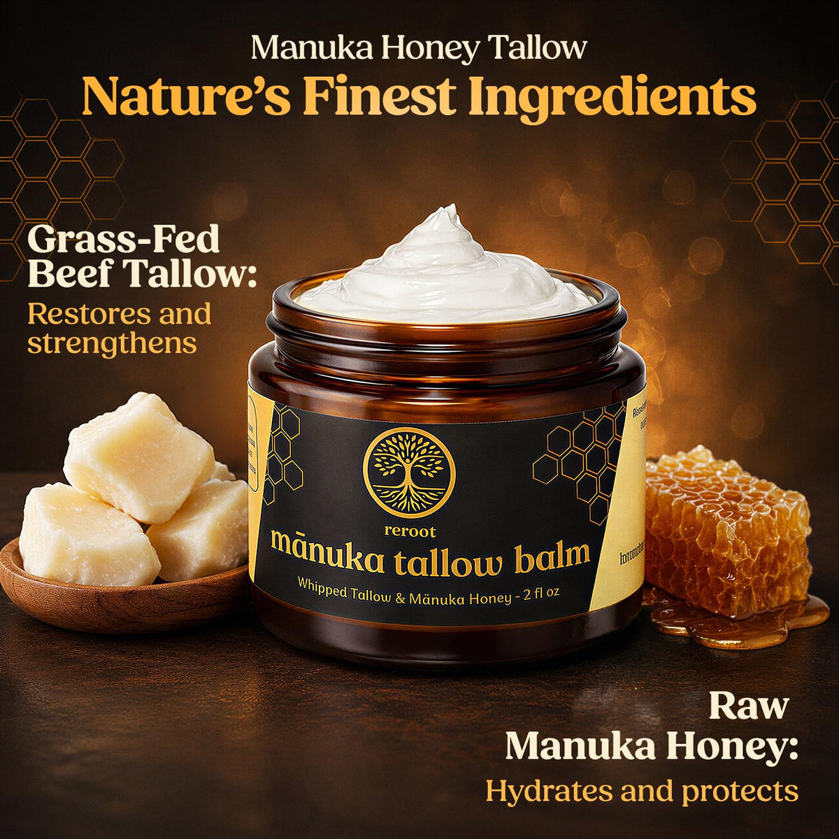Close-up of whipped Manuka tallow texture from Reroot Organics highlighting easy spreadability