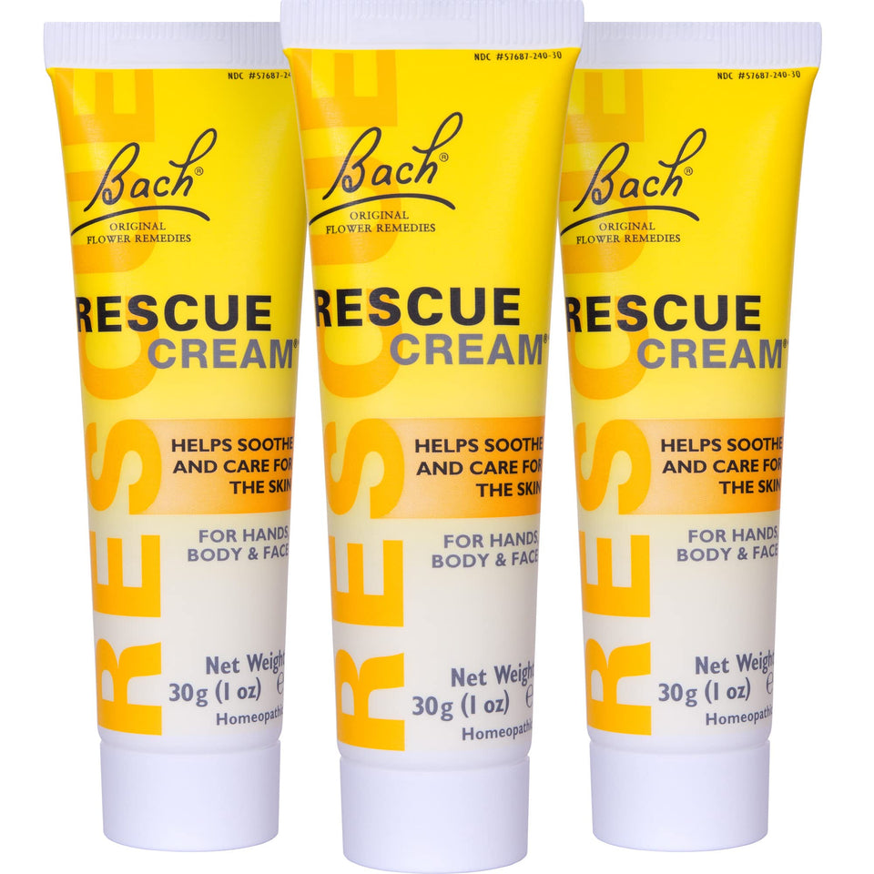 RESCUE Bach Rescue Cream front packaging showing three 30g tubes and branding benefits