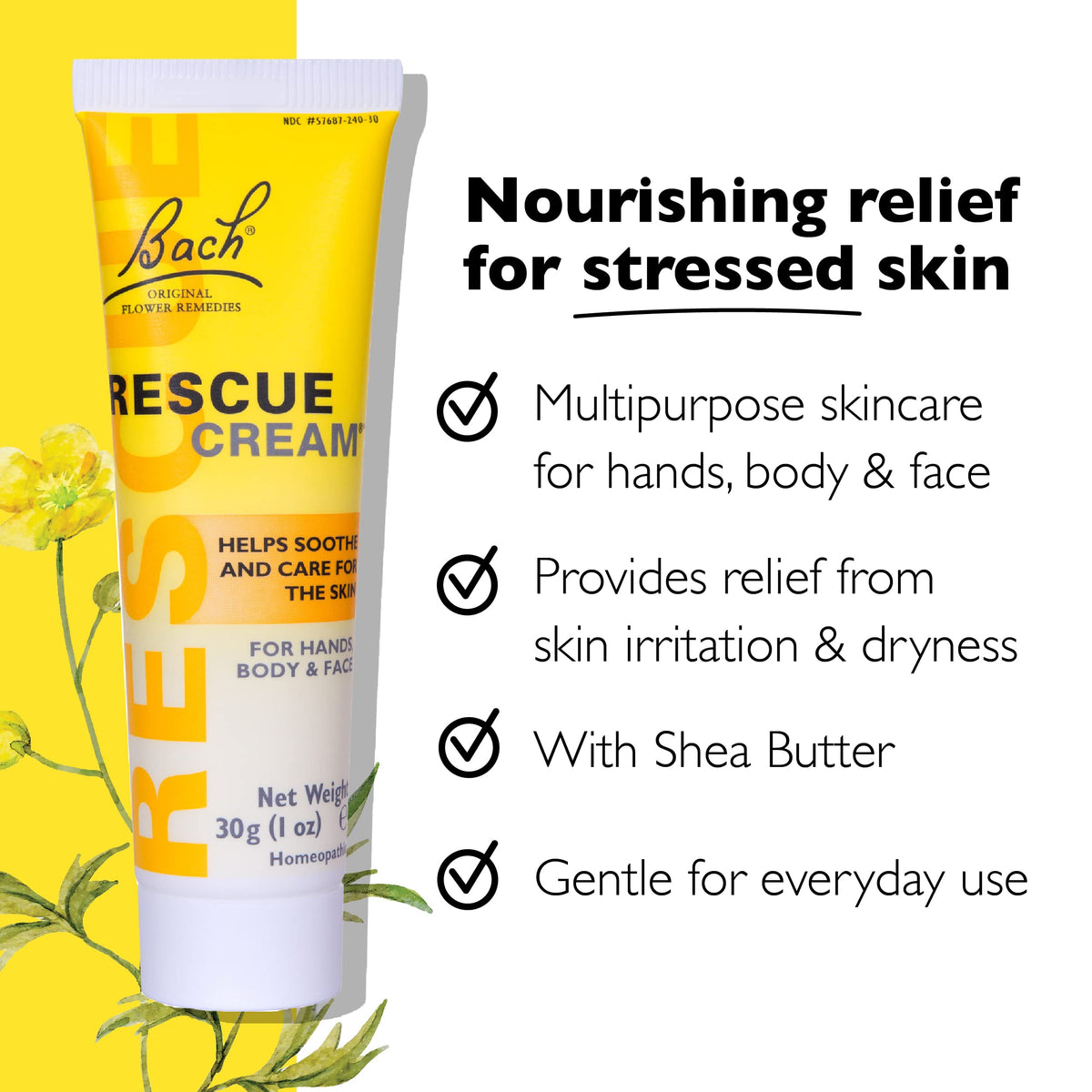RESCUE Bach Rescue Cream tube close-up displaying cap, label, and travel-friendly size benefit