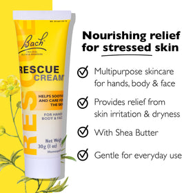 RESCUE Bach Rescue Cream tube close-up displaying cap, label, and travel-friendly size benefit