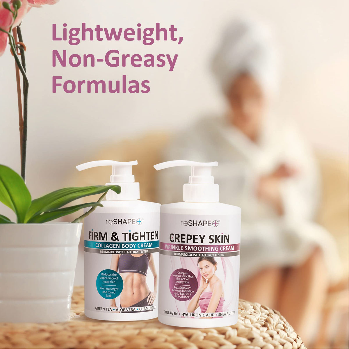 Reshape+ bottle held in hand showing scale and easy daily use benefit