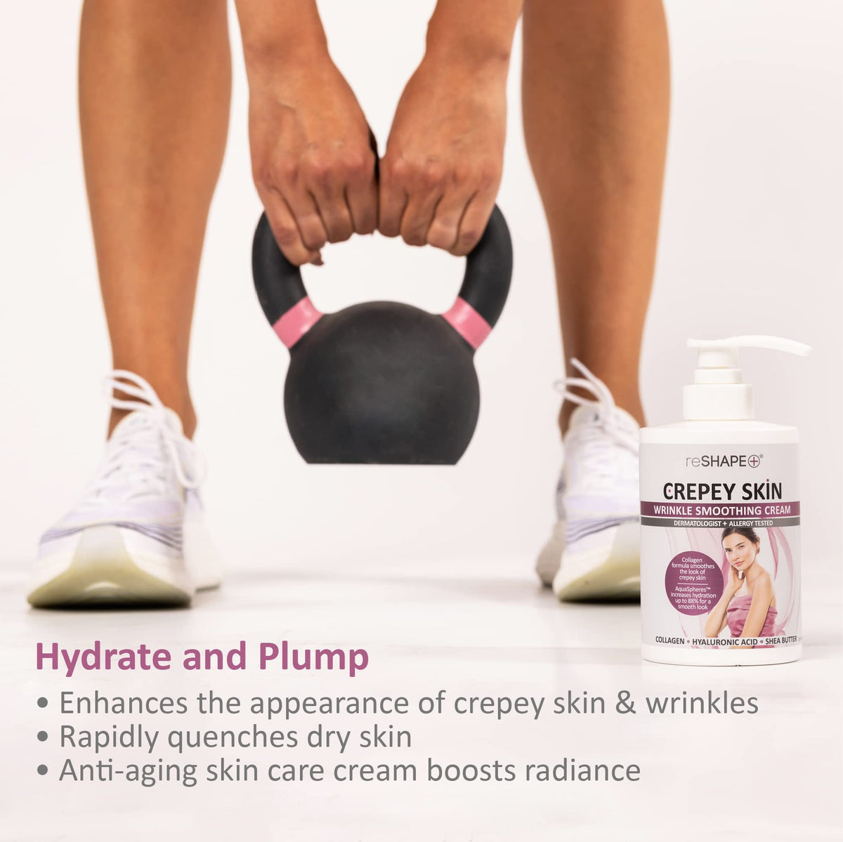 Reshape+ pump dispensing lotion illustrating effortless one-handed application