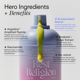 Rest Religion dropper dispensing serum texture, highlighting lightweight absorption and silky finish