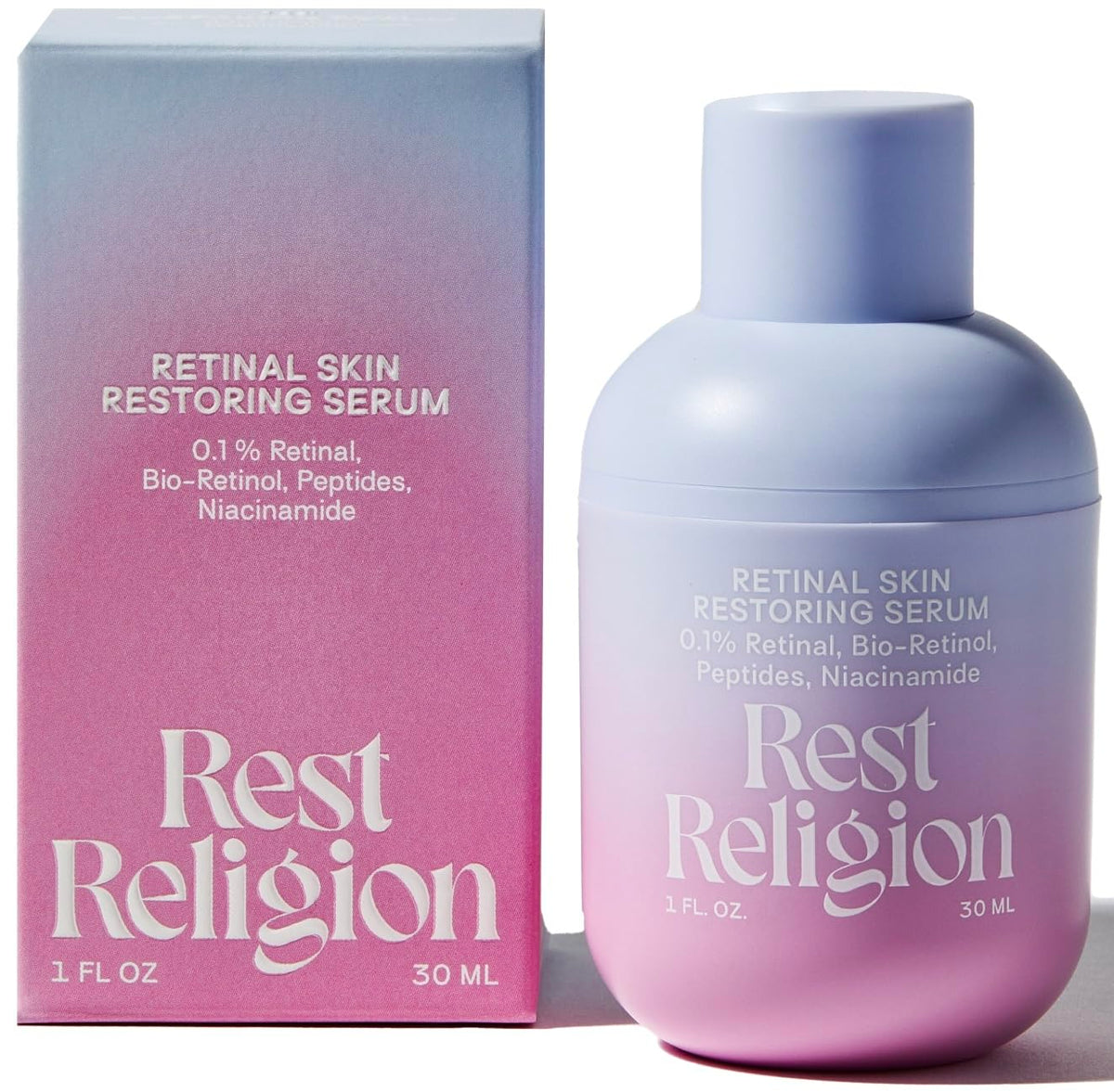 Rest Religion front packaging shows bottle and label, presenting clear product identity and benefits