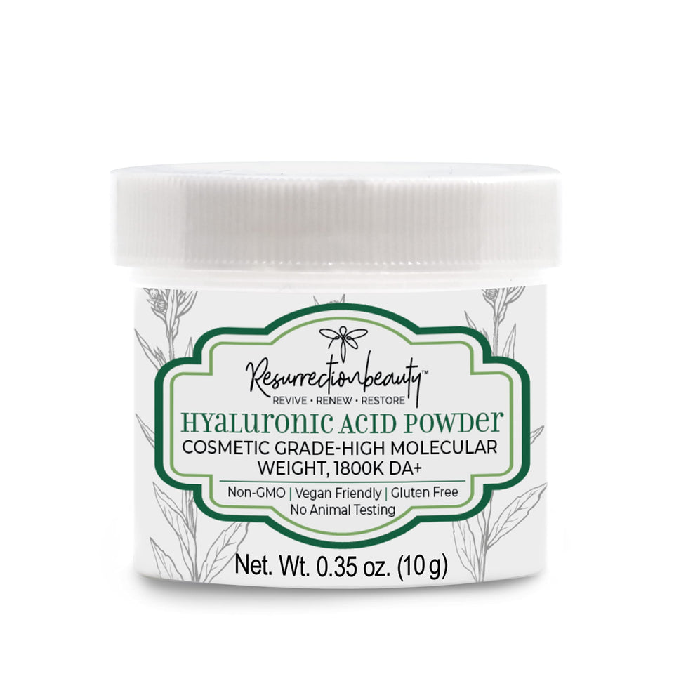 RESURRECTIONbeauty powder jar front showing 10g package and benefit of concentrated hydration