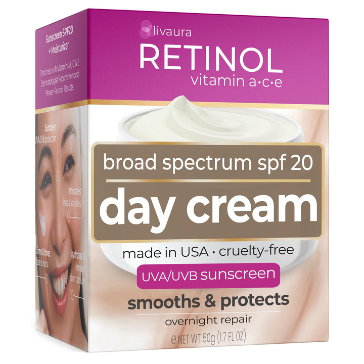 Retinol LIVAURA front packaging showing brand and SPF 20, quick identification benefit