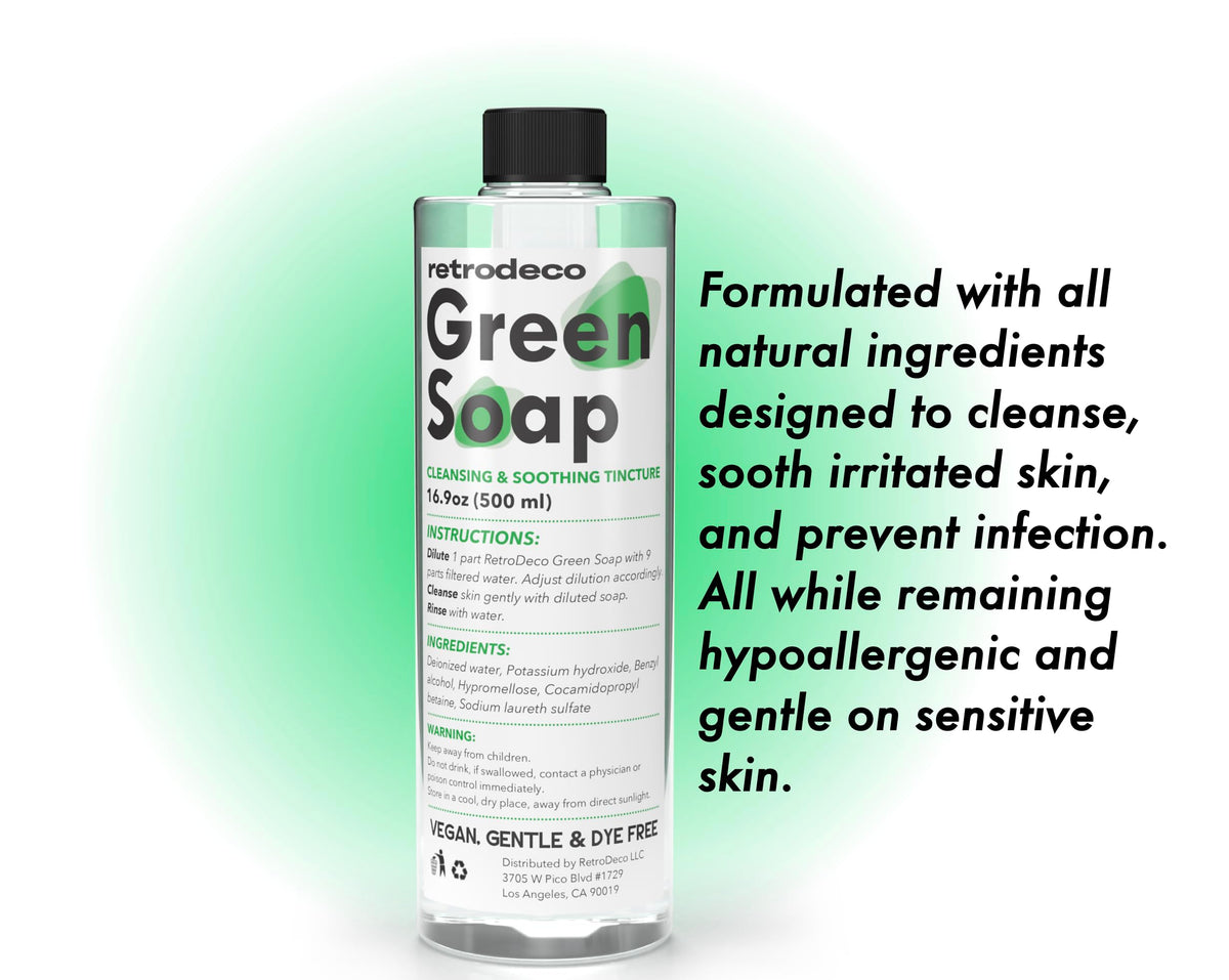 RetroDeco diluted green soap in bowl ready to use, showing foaming and clarity benefit