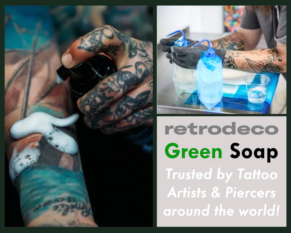 RetroDeco on bathroom counter for aftercare, illustrating gentle post-tattoo cleansing