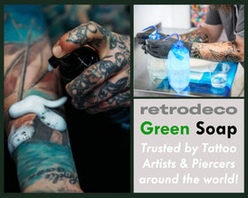 RetroDeco on bathroom counter for aftercare, illustrating gentle post-tattoo cleansing