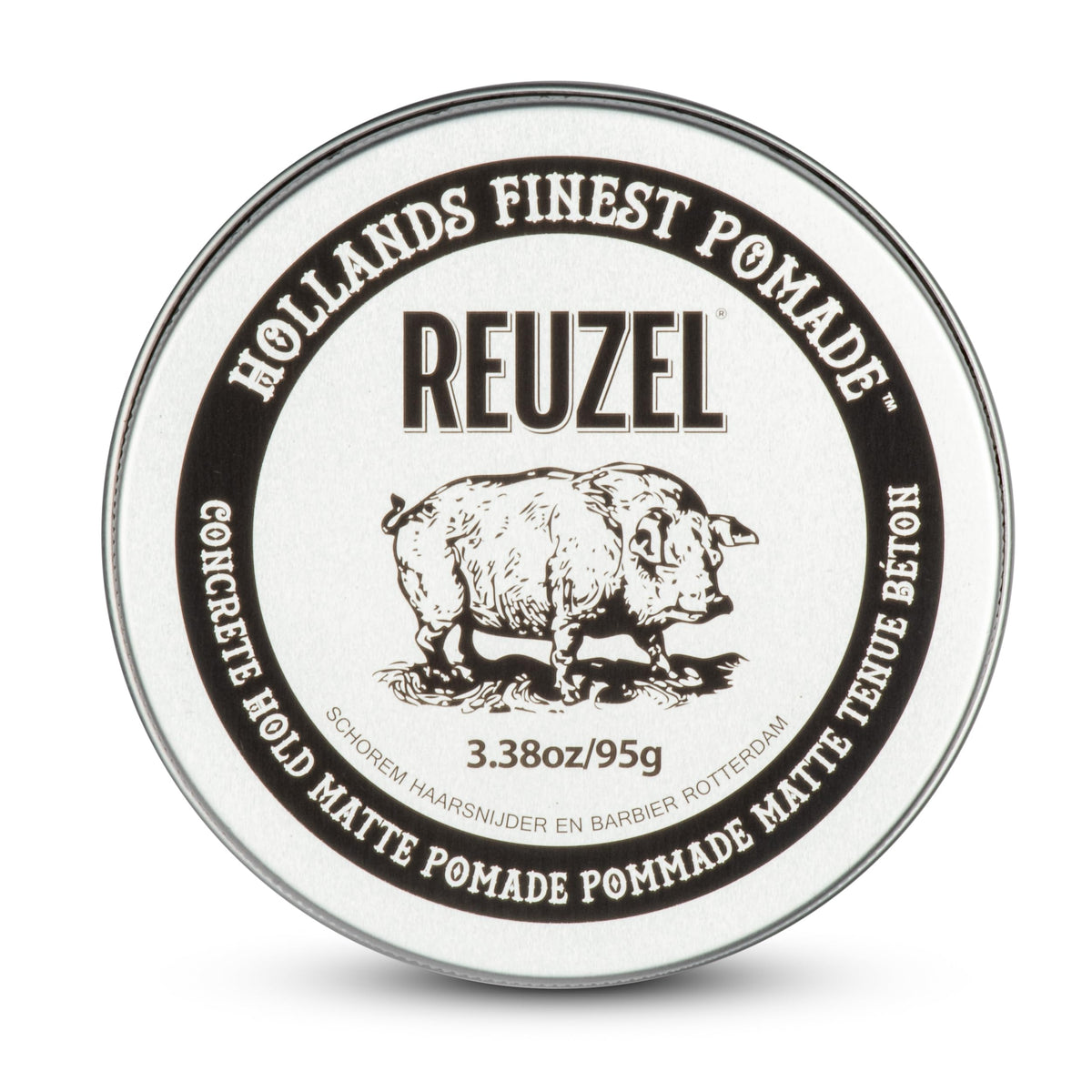 REUZEL front jar view showing matte pomade branding and compact packaging benefit