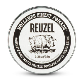 REUZEL front jar view showing matte pomade branding and compact packaging benefit