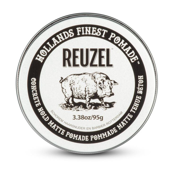 REUZEL front jar view showing matte pomade branding and compact packaging benefit