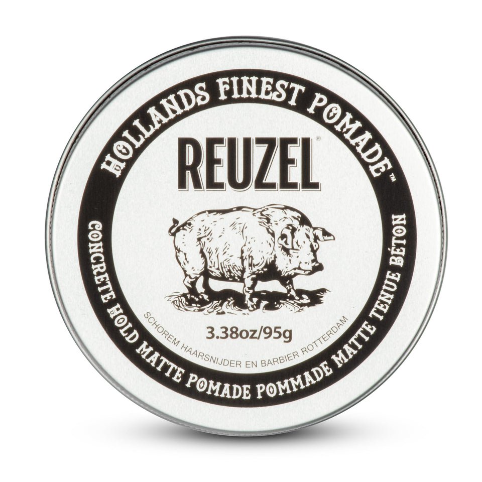 REUZEL front jar view showing matte pomade branding and compact packaging benefit