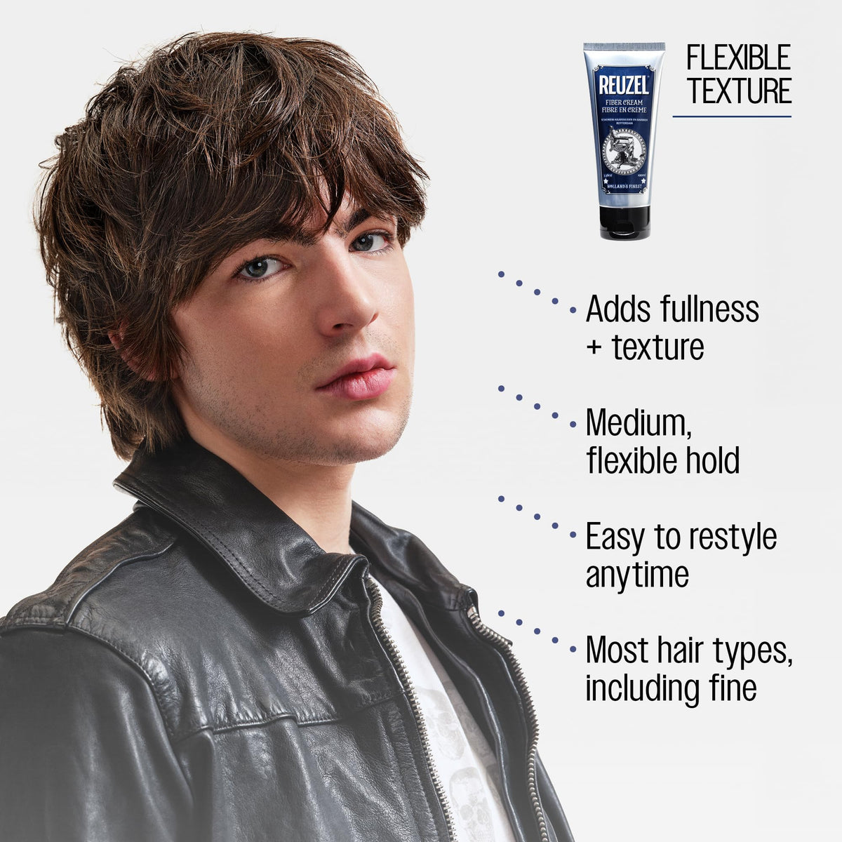 REUZEL styled hair side view highlighting matte finish and natural texture benefit