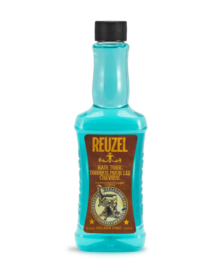 REUZEL front bottle shot showing label and lightweight, oil-free tonic benefit