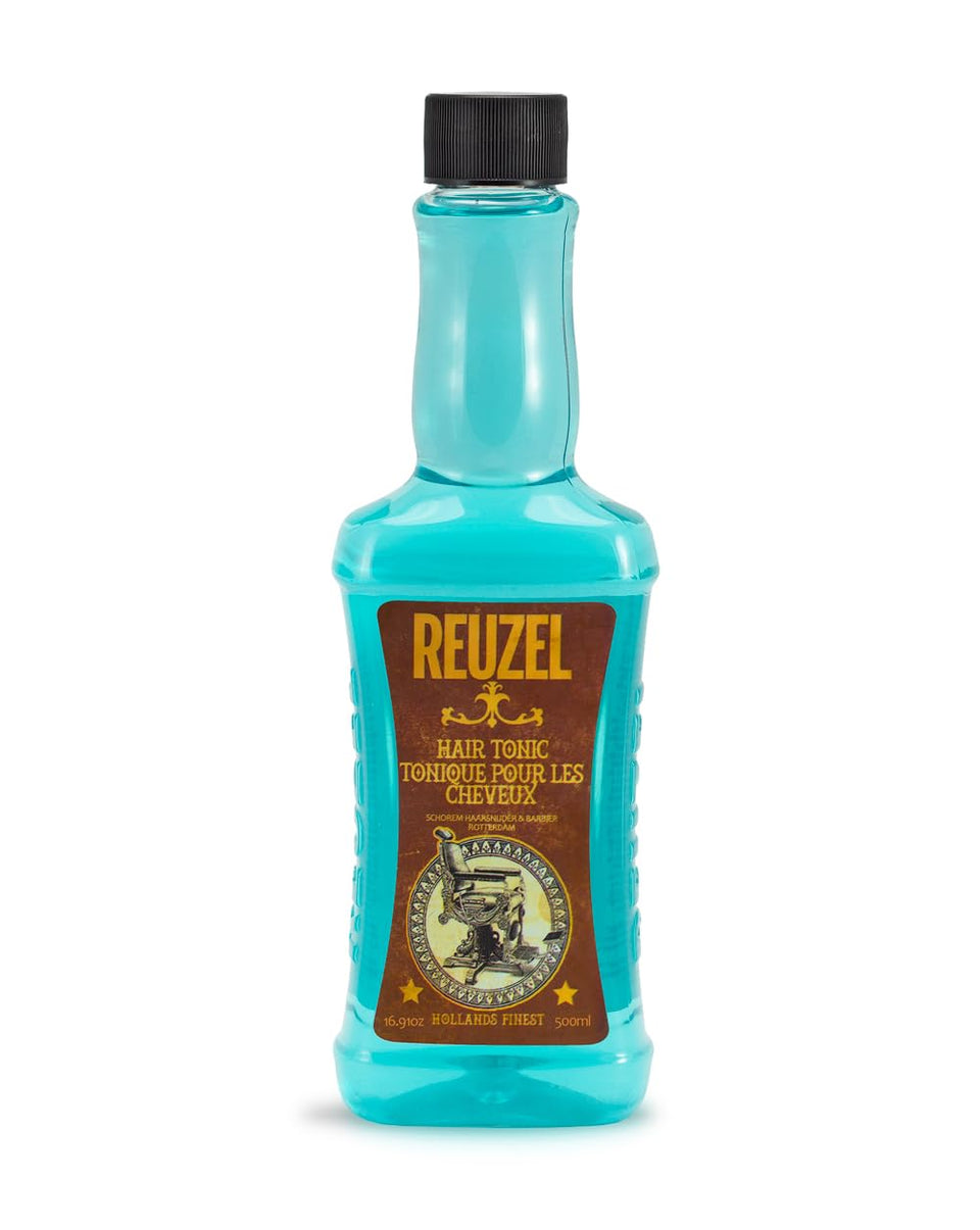 REUZEL front bottle shot showing label and lightweight, oil-free tonic benefit
