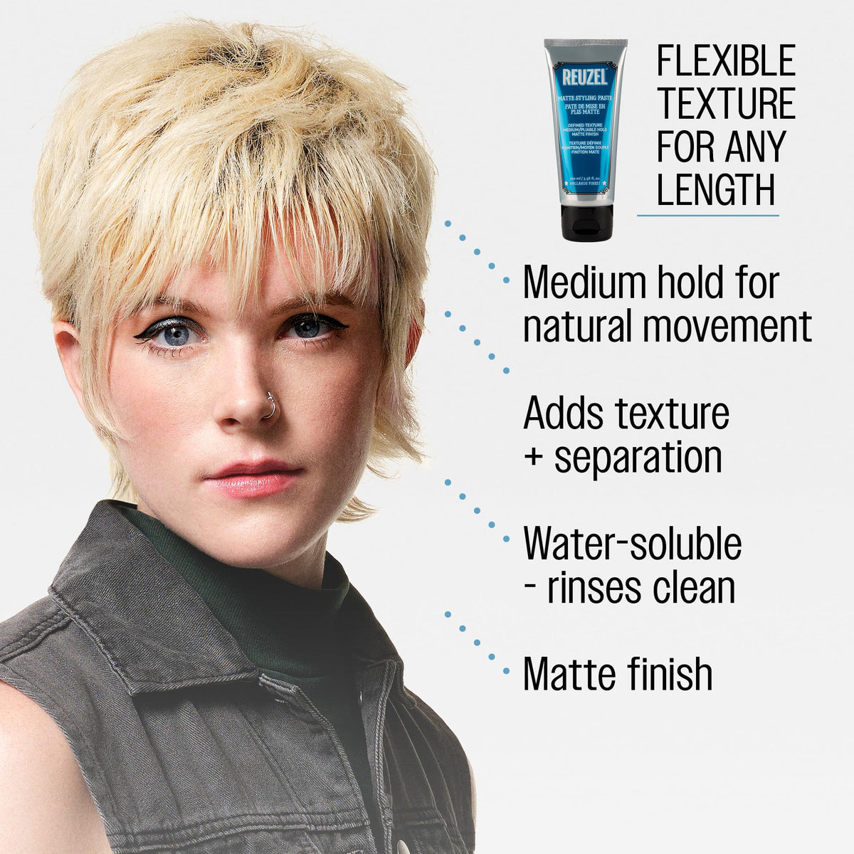 REUZEL styled short hair side view showing matte texture and volume benefit