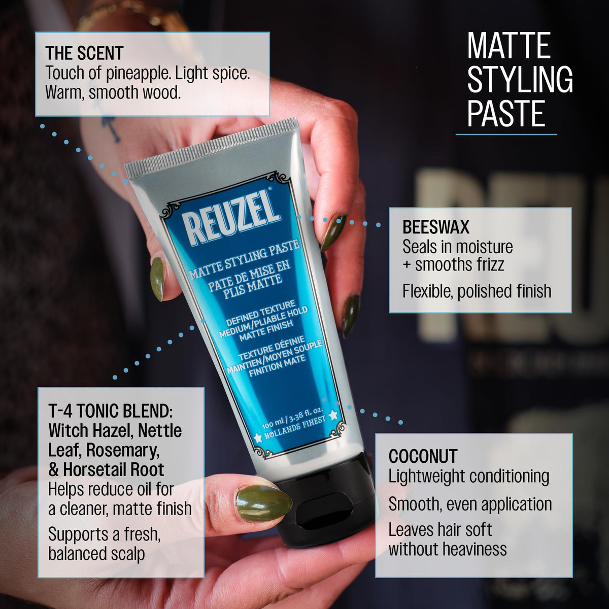 REUZEL ingredient label close-up showing water-soluble and moisturizing benefits