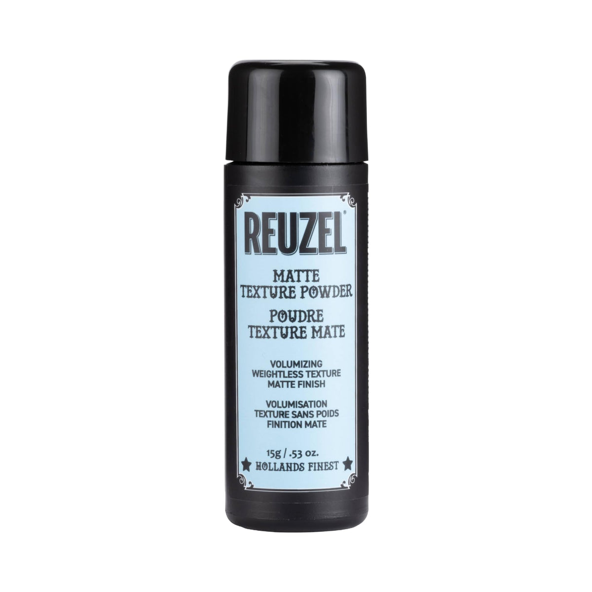 REUZEL front view of matte texture powder jar showing branding and compact size for travel