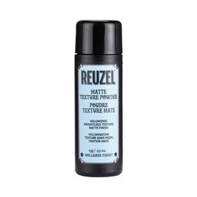 REUZEL front view of matte texture powder jar showing branding and compact size for travel