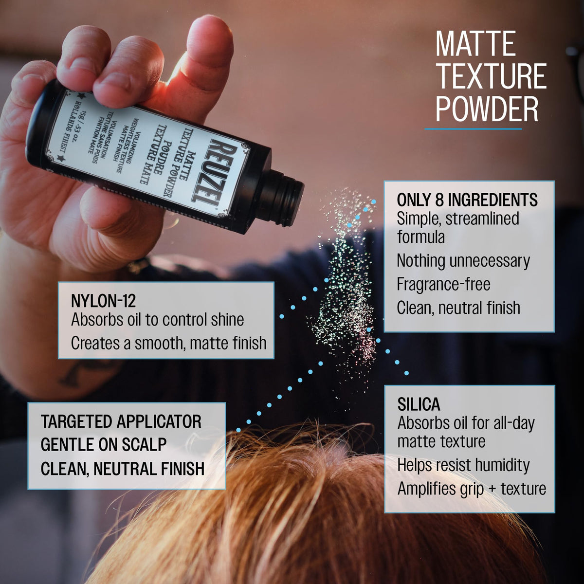 REUZEL powder on bathroom counter in grooming setup suggesting daily styling convenience