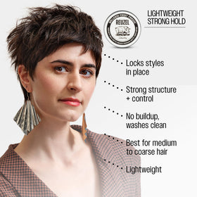 REUZEL pomade styled hair sideview showing matte texture and defined shape benefit