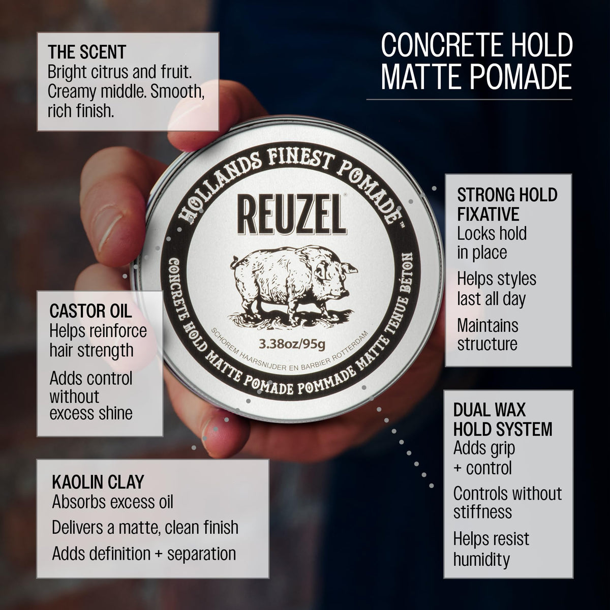 REUZEL size comparison with hand showing travel-friendly compact jar benefit