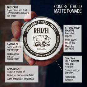 REUZEL size comparison with hand showing travel-friendly compact jar benefit