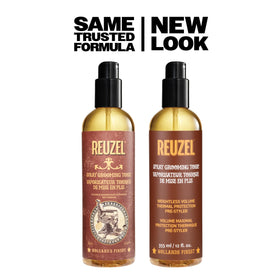 REUZEL bottle on barber station with tools, suggests professional styling performance