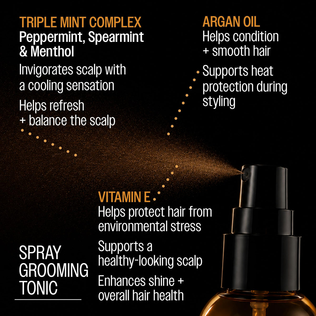 REUZEL mist spraying from nozzle over damp hair, illustrates easy application