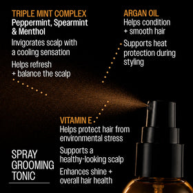 REUZEL mist spraying from nozzle over damp hair, illustrates easy application