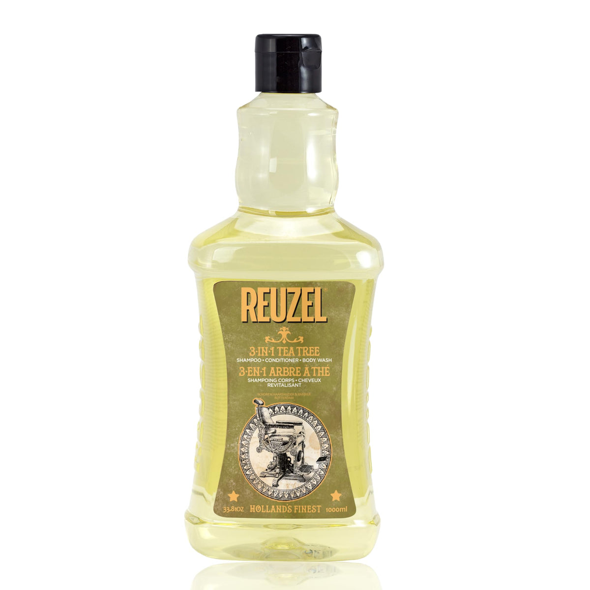 REUZEL front view of 33.81 oz tea tree shampoo showing label and large size for economy