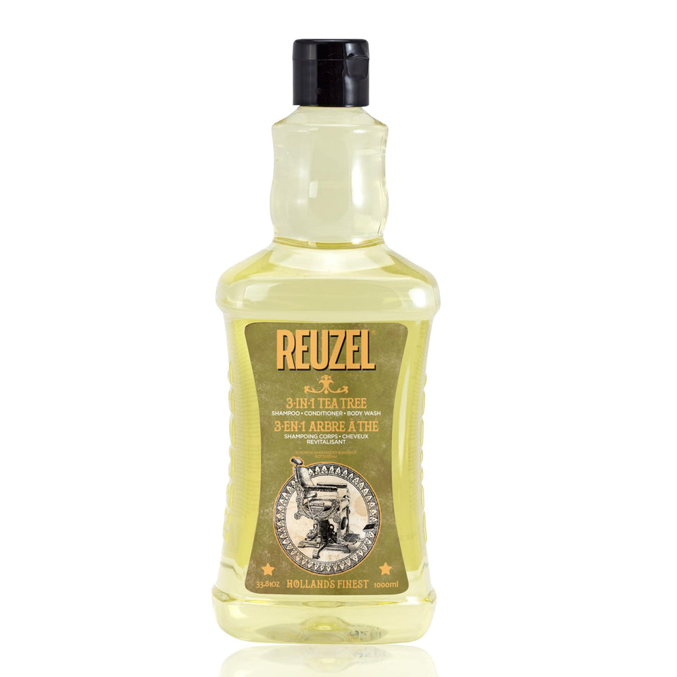 REUZEL front view of 33.81 oz tea tree shampoo showing label and large size for economy