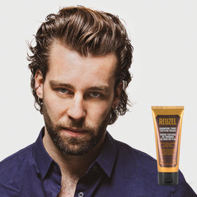 REUZEL before-and-after curl definition showing reduced frizz and bounce