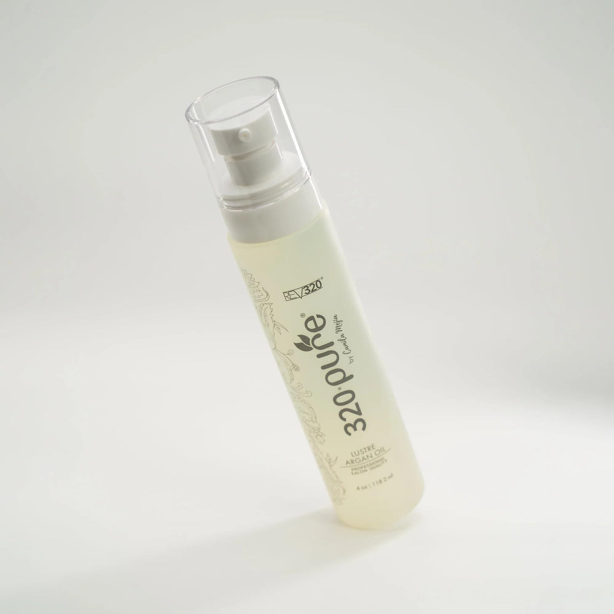 Rev320 bottle on bathroom shelf lifestyle shot conveying salon-quality daily care