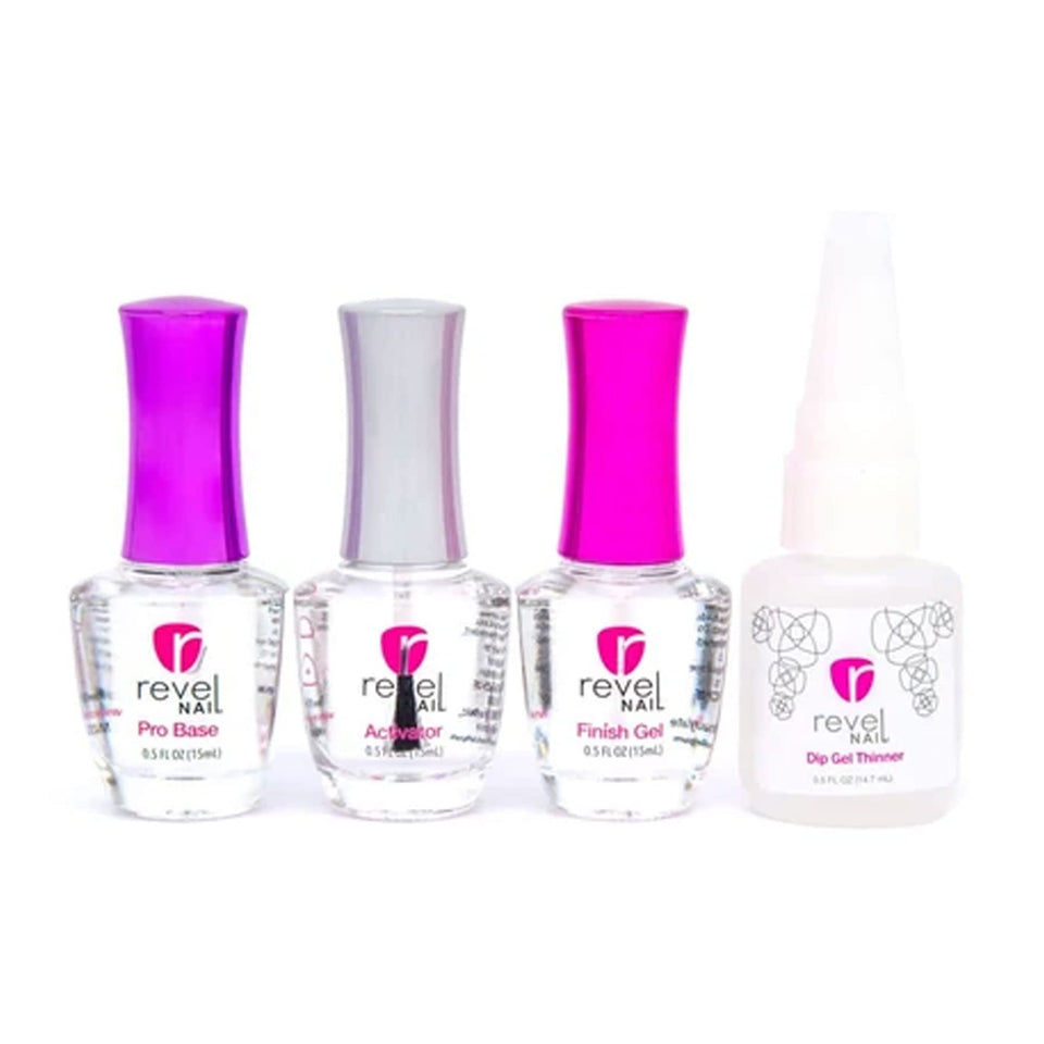 Revel Nail liquid set front view showing four 0.5oz bottles and clear labeling for easy use