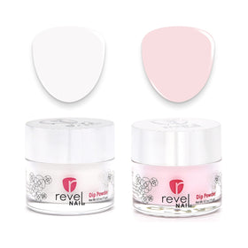 Revel Nail front packaging showing Sheer Pink and French powders for salon results