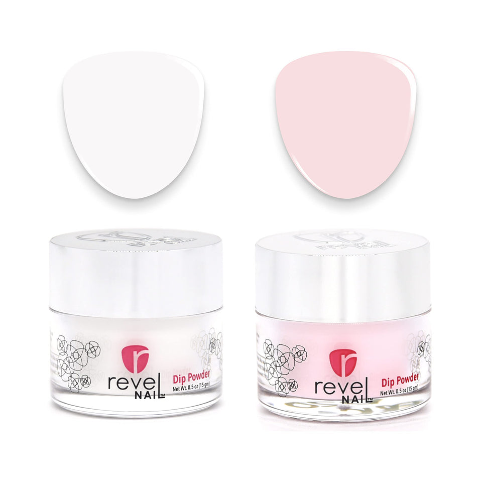 Revel Nail front packaging showing Sheer Pink and French powders for salon results