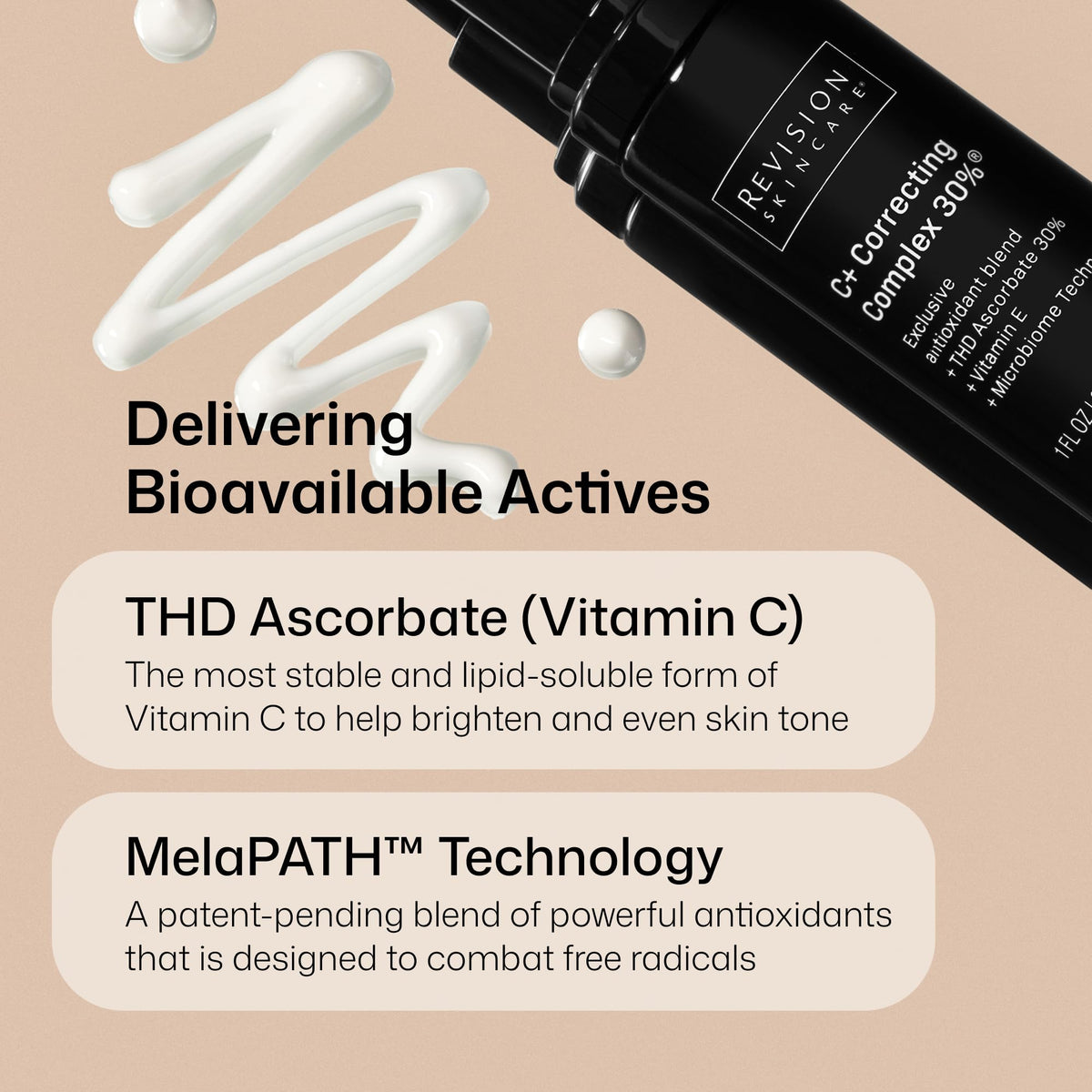 Revision Skincare bottle with made in USA badge highlighting domestic manufacturing benefit