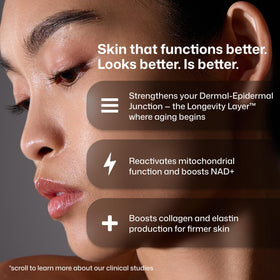 Revision Skincare hand applying serum to face illustrating easy layering and quick absorbency
