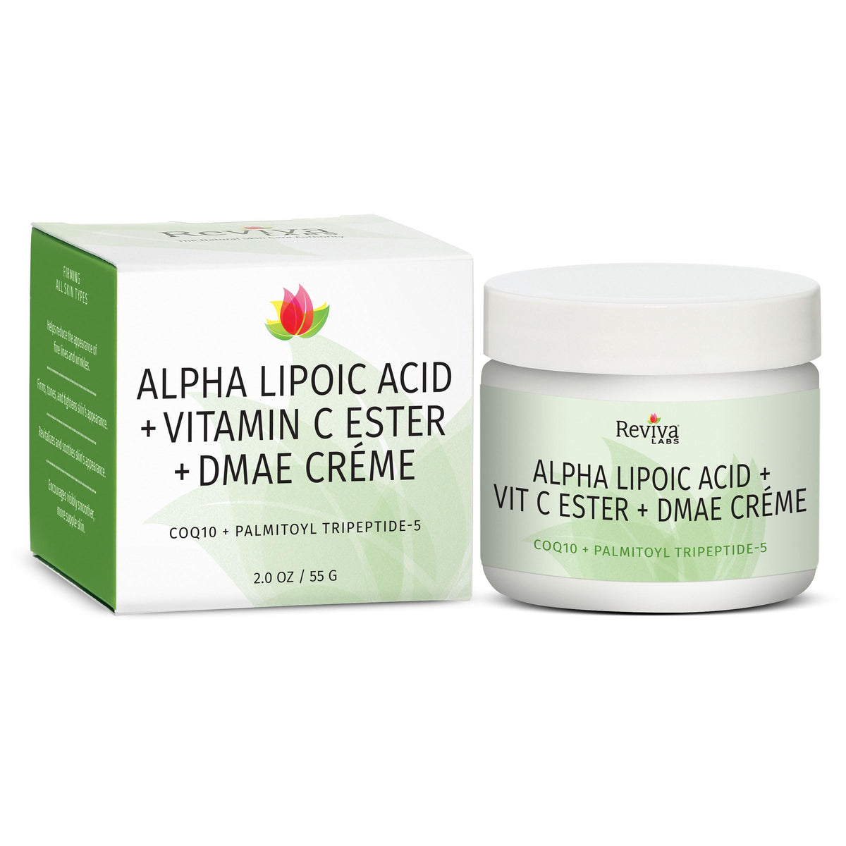 Reviva Labs jar front view showing packaging and firming cream benefits