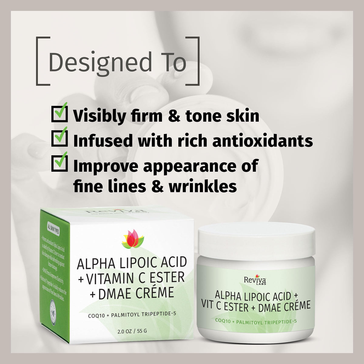 Reviva Labs ingredient display with DMAE and antioxidants for skin tone