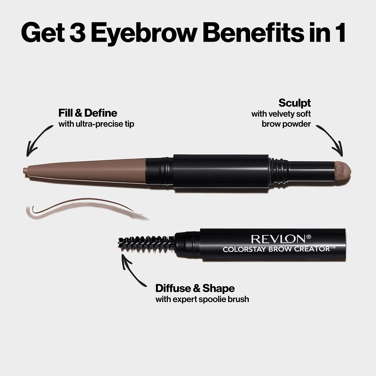 Revlon Brow Creator spoolie brushing brows in use, grooms and diffuses product evenly