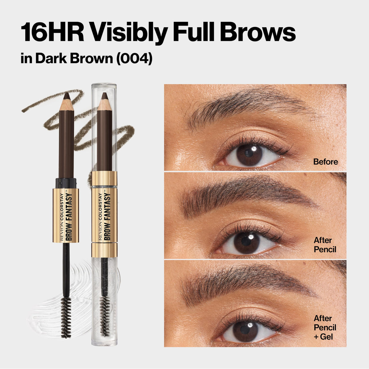 Revlon dark brown shade swatch showing true-to-hair color match