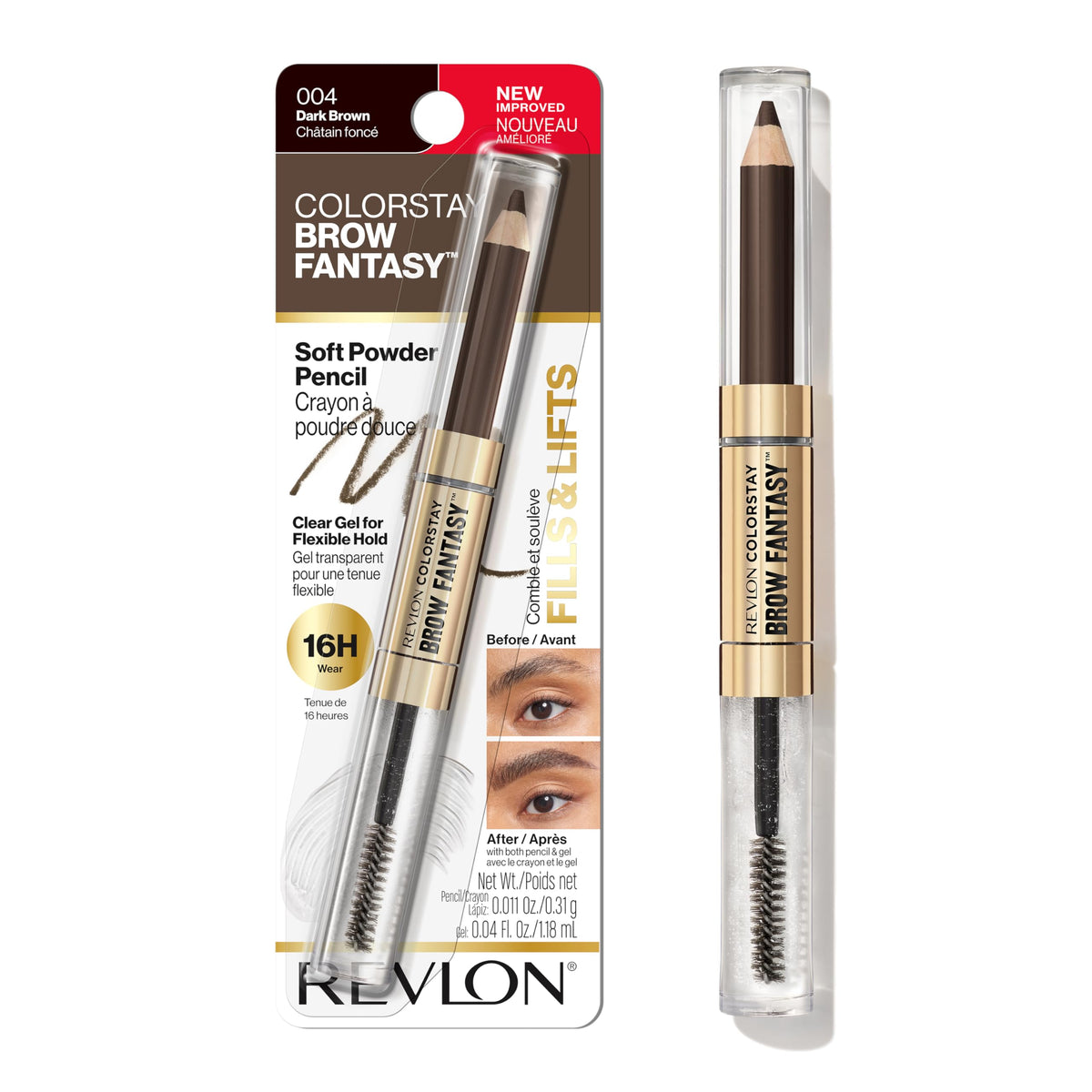 Revlon product front packaging showing the dual-ended brow tool for easy application