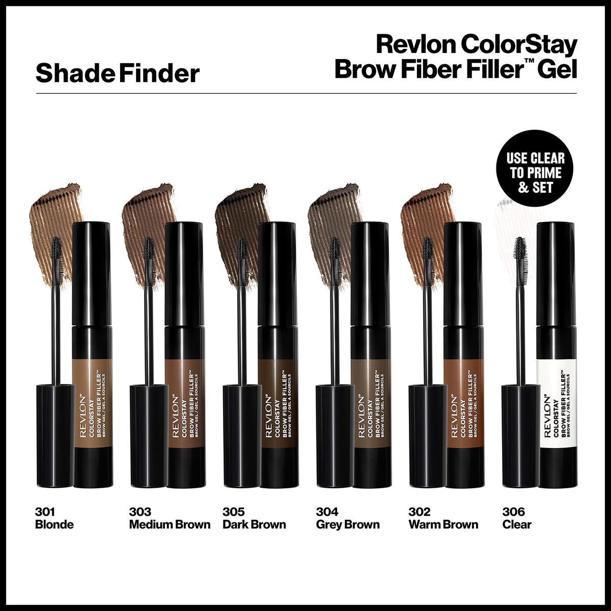 Revlon brow label close-up showing ingredient callouts for conditioning