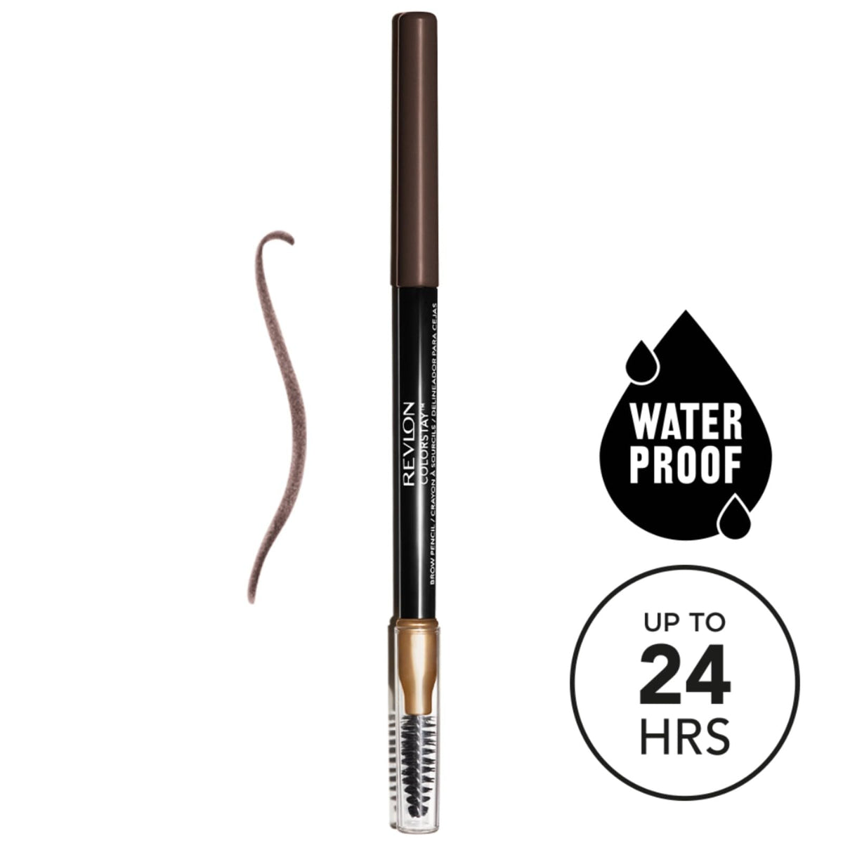 Revlon pencil held in hand demonstrates travel size and easy on-the-go application benefit