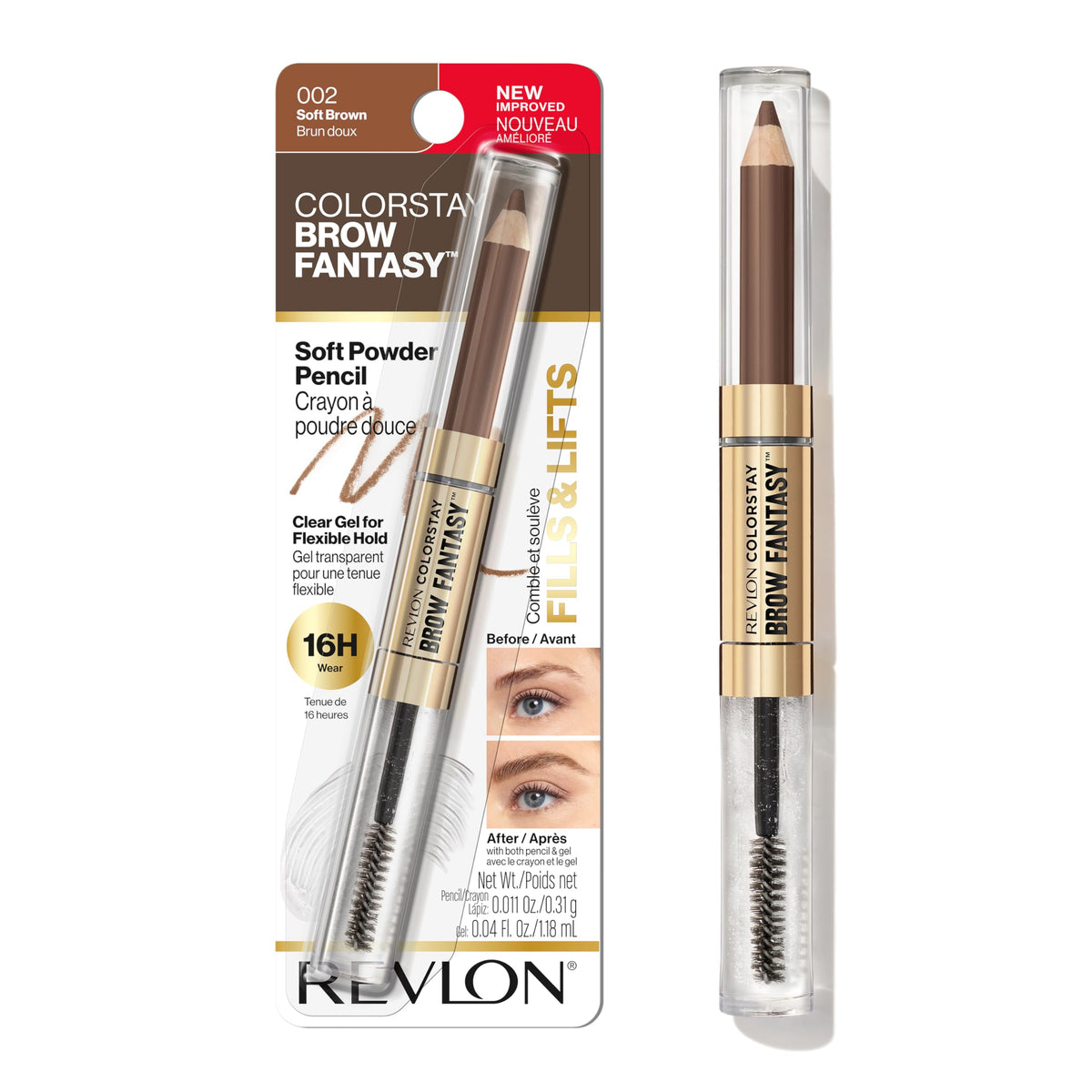 Revlon front packaging showing the dual-ended brow tool and benefits