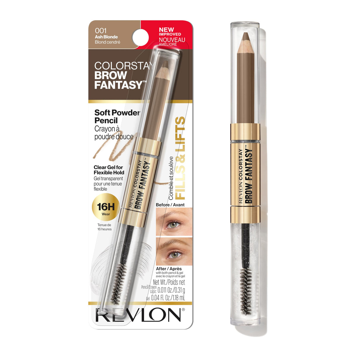 Revlon ColorStay Brow Fantasy front packaging shows dual-ended tool and benefits