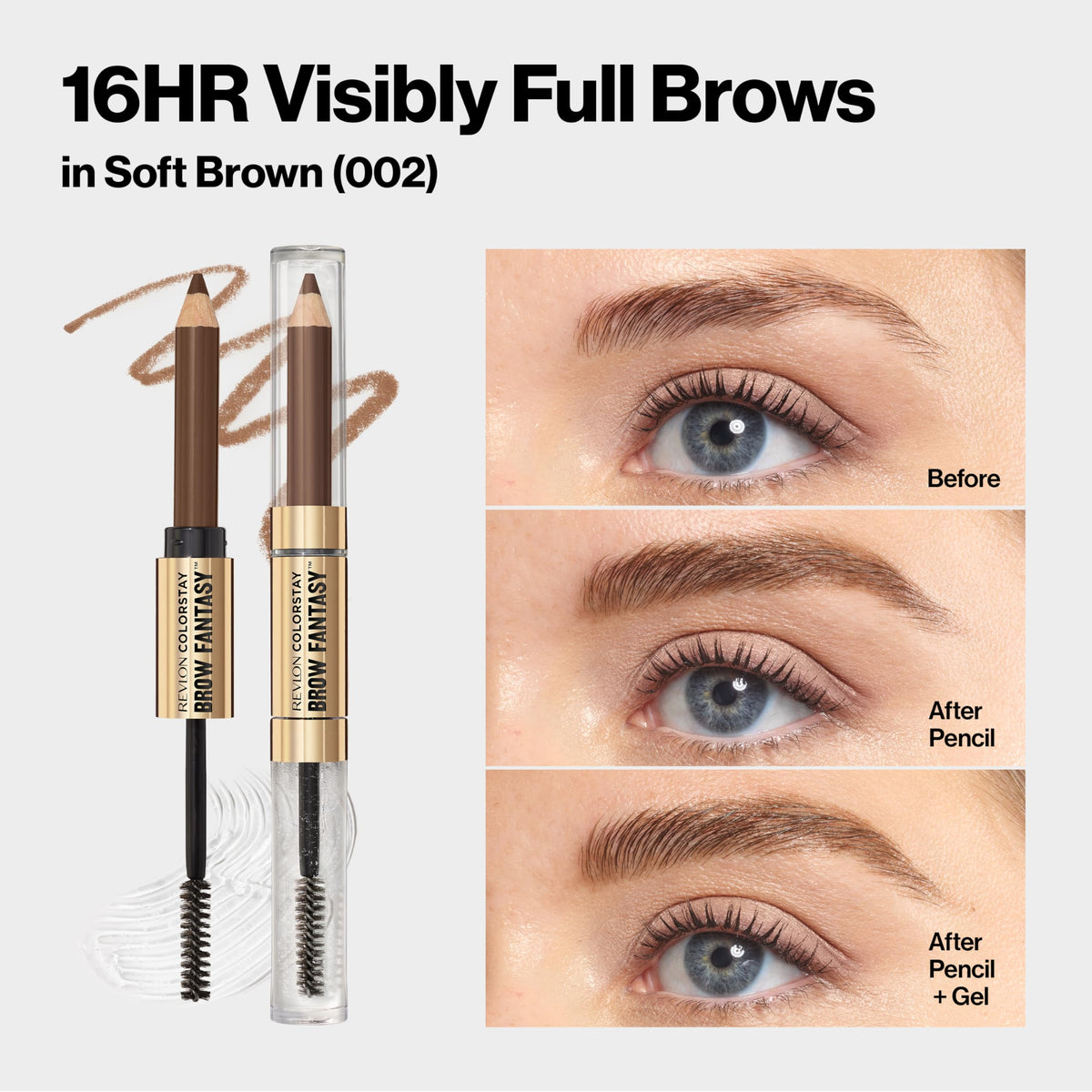Revlon brow pencil held in hand to show compact size and portability